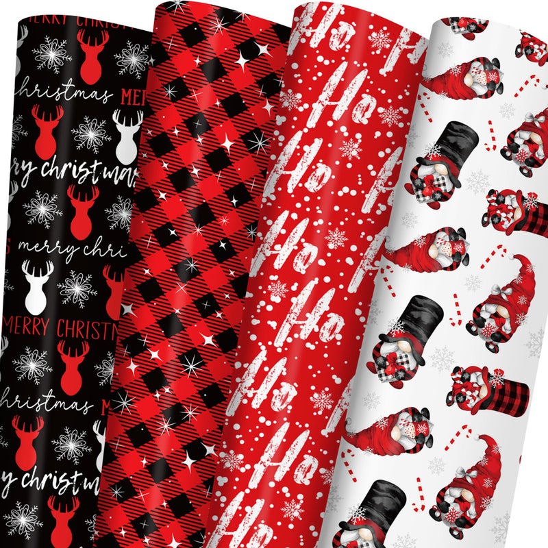 ZINTBIAL Christmas Wrapping Paper for Kids Adults Xmas Wrapping Paper with RedBlack Plaid Reindeer Gnome Ho Ho Words 28 x 40 Inches 6 Jumbo Sheets Easy to Store